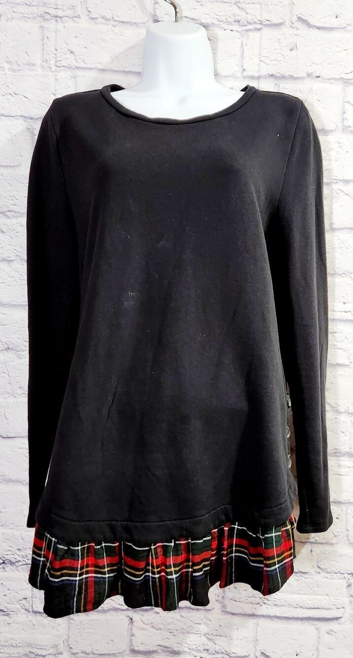 Loft Black Red Plaid Ruffled Hem Top M Faux Button Side Details Round Neck